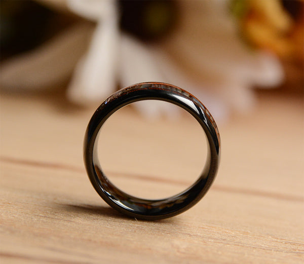 8mm Abalone Shell and Wood Inlay Black Tungsten Wood Ring