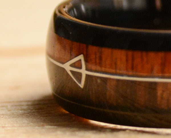 8mm Black Tungsten Ring With Cool Koa Wood Inlay and Sleek Silver Feathered Arrow