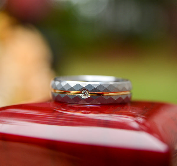Diamond Tungsten Wedding  Band Set With Hammered Texture