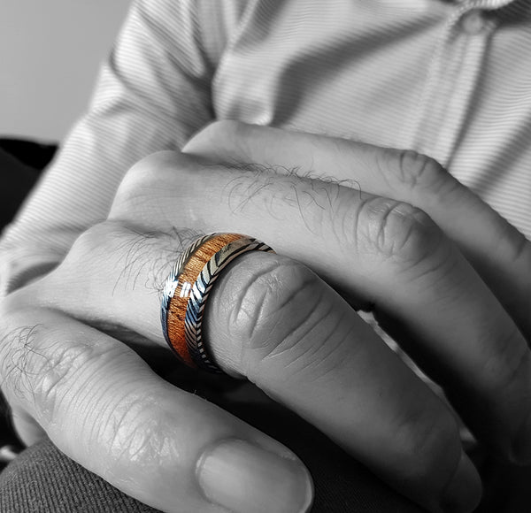 8mm Mens Wedding Band with Koa Wood Inlay and Damascus Steel Pattern Ring