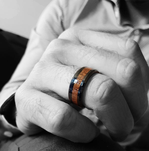 mens 8mm Black Tungsten Band with Redwood Inlay  Black Tungsten Ring-wooden engagement ring