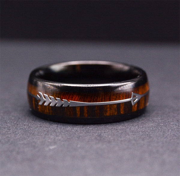 Mens Wedding Band: Black Tungsten Ring With Wood Inlay and Sleek Silver Feathered Arrow | Urban Designer 