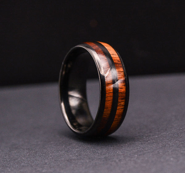 Mens Wood Wedding Band: 8mm Double Koa Wood Inlay Tungsten Wood Ring | Urban Designer