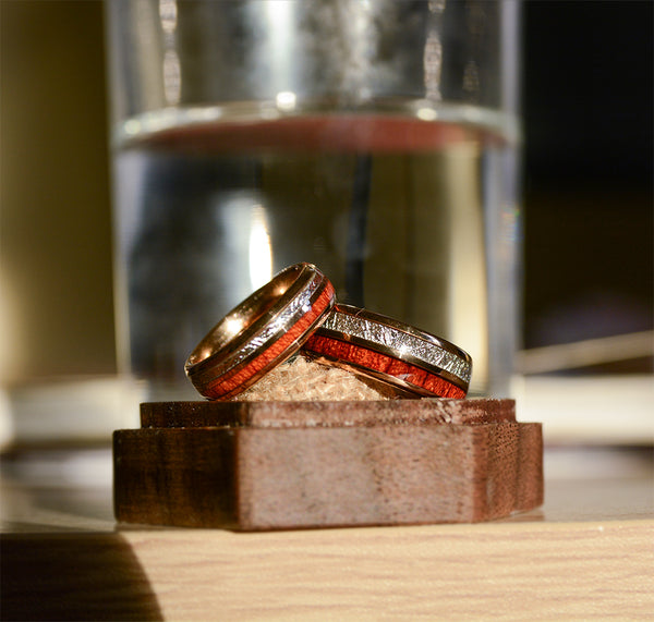 Rose Gold Tungsten Ring With Meteorite And Wood 8mm