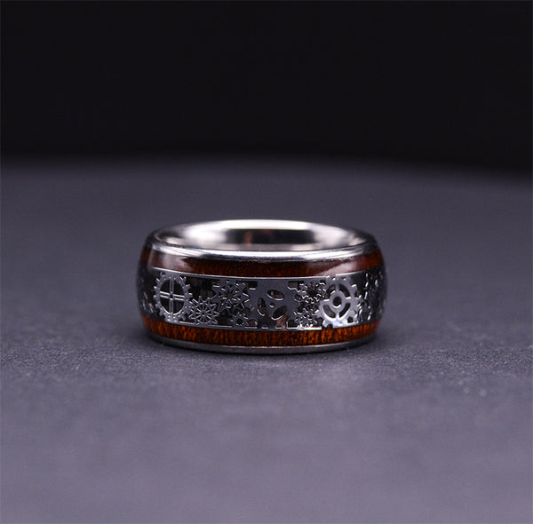 Steampunk Gear Wheel Tungsten Ring With Koa Wood Inlay