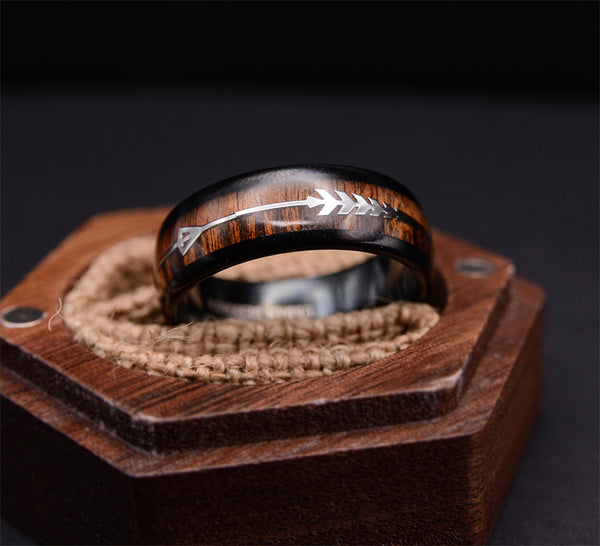 8mm Black Tungsten Ring With Cool Koa Wood Inlay and Sleek Silver Feathered Arrow