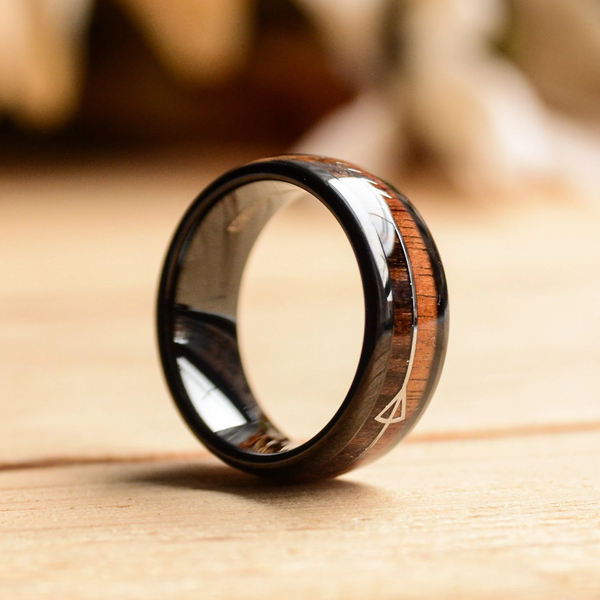 Mens Wedding Band: Black Tungsten Ring With Wood Inlay and Sleek Silver Feathered Arrow | Urban Designer 